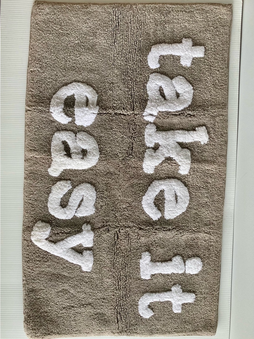 Taupe Bath Rug with White Raised 'take it easy' Text